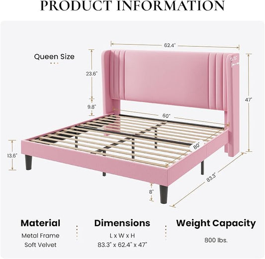 SHA CERLIN Queen Size Velvet Upholstered Platform Bed Frame with Vertical Channel Tufted Wingback Headboard, Wooden Slats Support, Easy Assembly, Under Bed Storage, No Box Spring Required, Pink