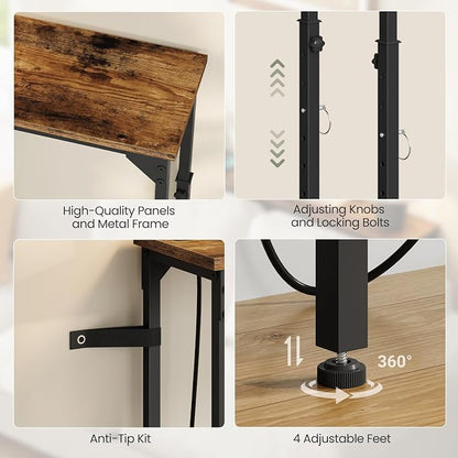 CHOEZON 59.1" Narrow Console Table with Adjustable Height (21.1"-29.9"), Set of 2, Behind Couch Table, Entryway Table with Power Outlet, Sofa Table for Entryway, Rustic Brown and Black TXG10UP2BF