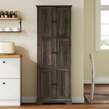 ChooChoo Tall Bathroom Storage Cabinet with 6 Doors, Freestanding Floor Cabinet with Adjustable Shelves, Rustic Weathered Gray Pantry Cabinet for Bathroom, Kitchen, Laundry Room