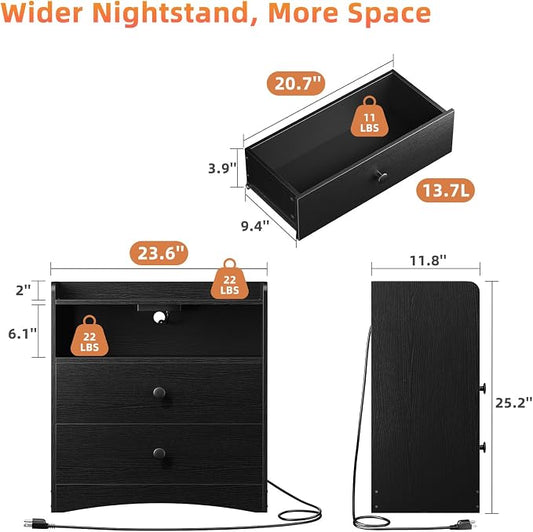 Memobarco 2 Pack Nightstand with Charging Station and LED Light, Modern Nightstand with USB Ports and Outlets, Wooden Bedside Table with 2 Storage Drawers, Small Dresser for Bedroom Small Space, Black