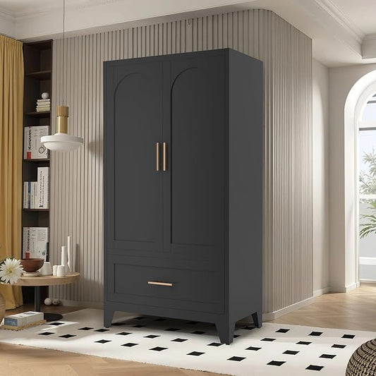 Anwick Metal Wardrobe Closet, 60" Tall Black Metal Wardrobe Cabinet with Hanging Rod, 1 Drawer, 2 Doors and Adjustable Shelf for Bedroom Guest Room Laundry Room