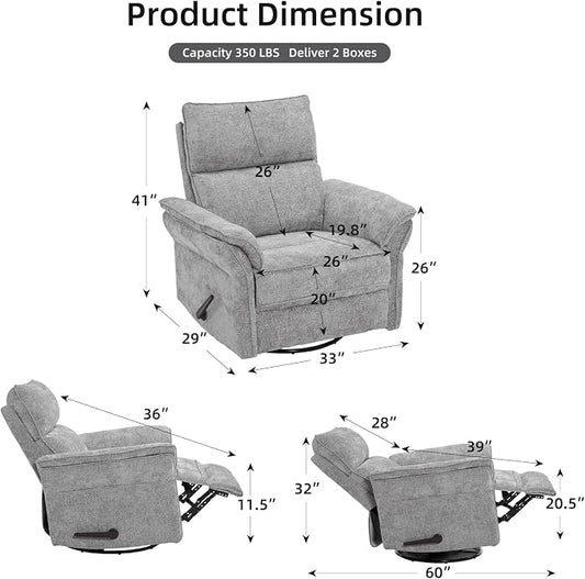 Oversized Glider Rocker Recliner, 26" Extra Wide 360° Swivel Nursery Recliner with Adjustable Headrest, Chenille Rocking Nursery Chair with Overstuffed Armrest, Lumbar Support, Light Grey