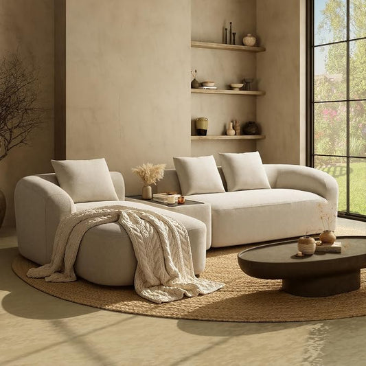 Relefree Curved Sectional Sofa, 136" Chenille Curved Couch with Movable Coffee Table, Couches with High-Resilience Foam, Boneless Sofa for Living Room, Oversized, Cloud Comfort, Thick Backrest White
