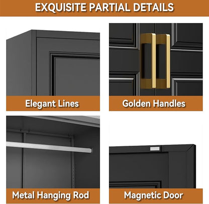 Polup Metal Armoire Closet, 86 Inch Tall Wardrobe Armoire with Hanging Rod, Wardrobe Closet for Clothes with Doors, 18" D x 32" W x 86" H,Black, Assemble Required, Shipped in Two Packages