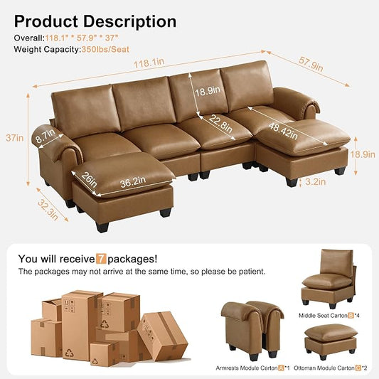 118" Faux Leather Modular Sectional Sofa with 2 Ottoman, Oversized 4 Seater Couch with Curved Armrests, Cloud Modern U-Shaped Sofa Deep Seat for Living Room, Light Brown