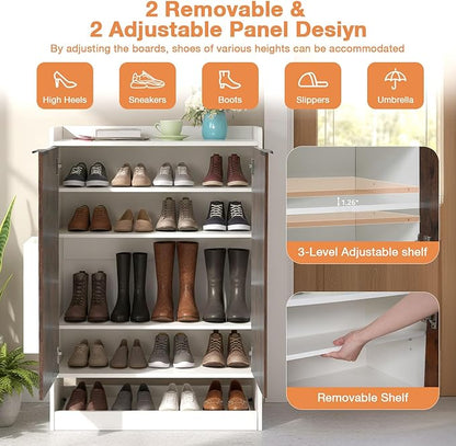Verano Garden Shoe Cabinet with Doors, 7-Tier Wood Shoe Storage Cabinet with 4 Adjustable Shelves, No Bend Shoe Rack Organizer with Umbrella Stand&Drawer, 43" Tall Shoe Organizer for Entryway