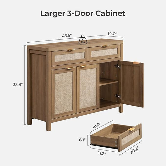SICOTAS Rattan Sideboard Buffet Cabinet with Storage, Boho Credenza Accent Cabinet with 3 Doors and 2 Drawers, Farmhouse Console Coffee Bar for Kitchen, Living Room, and Entryway, Caramel Oak