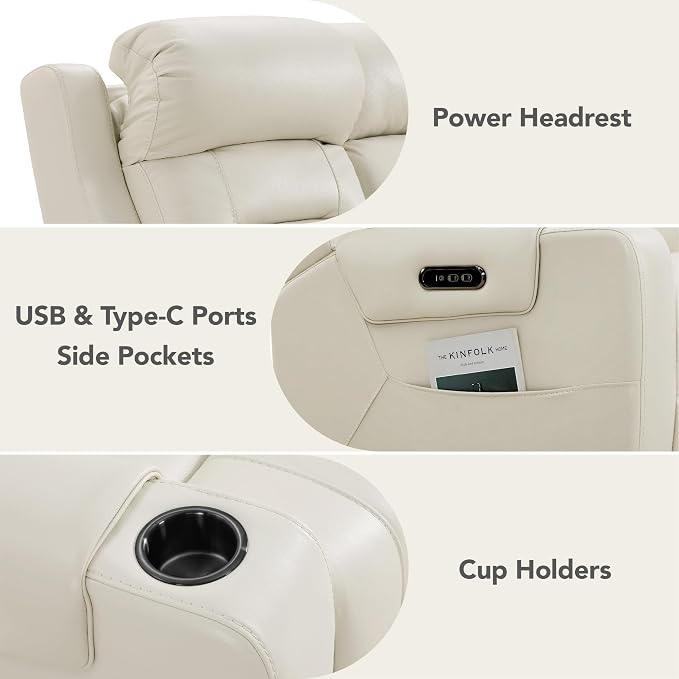 Watson & Whitely Genuine Leather Power Loveseat Recliner Sofa, Lay Flat Loveseat Reclining Sofa with Power Headrest, Cup Holders, USB & Type-C Ports, Dual Recliners for Living Room, Cream