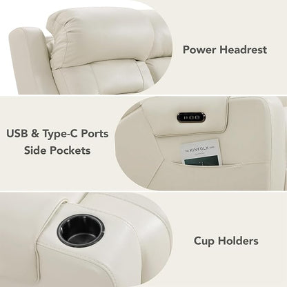 Watson & Whitely Genuine Leather Power Loveseat Recliner Sofa, Lay Flat Loveseat Reclining Sofa with Power Headrest, Cup Holders, USB & Type-C Ports, Dual Recliners for Living Room, Cream