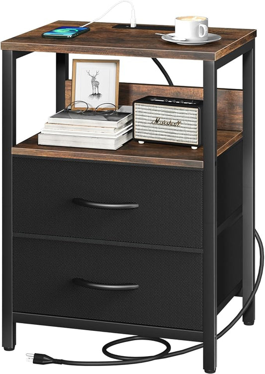 Yoobure Nightstand with Charging Station, Small Night Stand with Fabric Drawers and Storage Shelf for Bedrooms, Nightstands for Small Spaces, Bedside Table with USB Ports & Outlets, Bed Side Table
