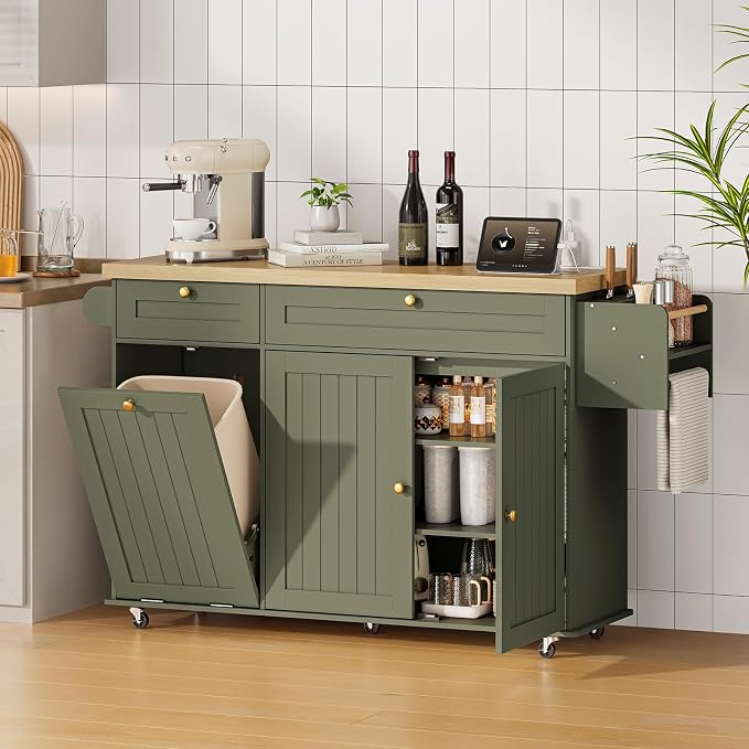 ONBRILL 60" Kitchen Island with Power Outlet & Drop Leaf, Rolling Island with Spice Rack & Towel Rack, Kitchen Island Cart with Trash Storage Cabinet, Island Table for Kitchen, Green