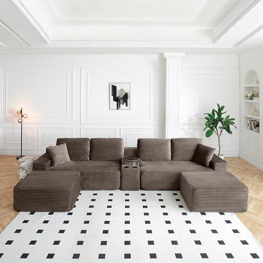 ivoros 150 Inch Modular Sectional Sofa Couch, Oversized Modern Cloud Couch for Living Room, U Shape Couches with 2 Ottomans, USB Ports and Cup Holders, Camel Corduroy Boneless Sofas, Sofa in a Box