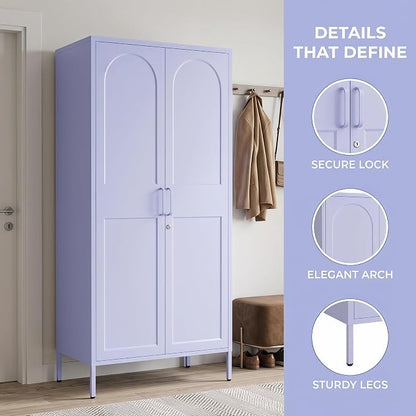 Lockable Closet Metal Wardrobe 67" Purple 2 Door Wardrobe Bedroom Storage Cabinet Adjustable shelf Multi functional metal Storage Cabinet with hanging rail for domestic use 18.1" D x 31.5" W x 67" H