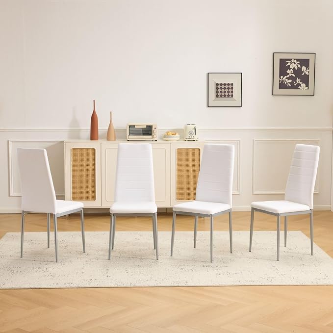 Karl home White Dining Chairs Set of 4, PU Leather & High Back | Kitchen chairs with padded seats & foot cap protection for dining kitchen living room,300lbs capacity,space-saving