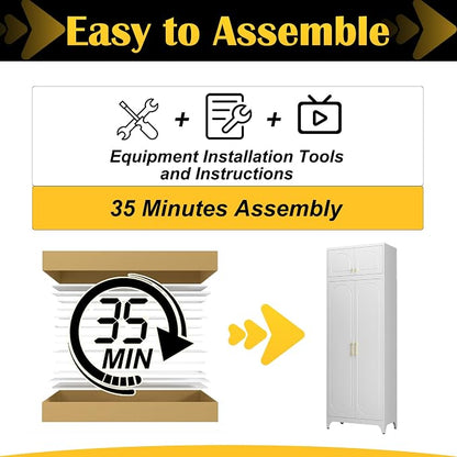 SteeLoong Metal Storage Cabinet and Wall Upper Storage Cabinet,90Inch White Kitchen Pantry Cabinets with 4 Adjustable Shelves,Tall Food Cupboards for Living Room, Dining Room Office