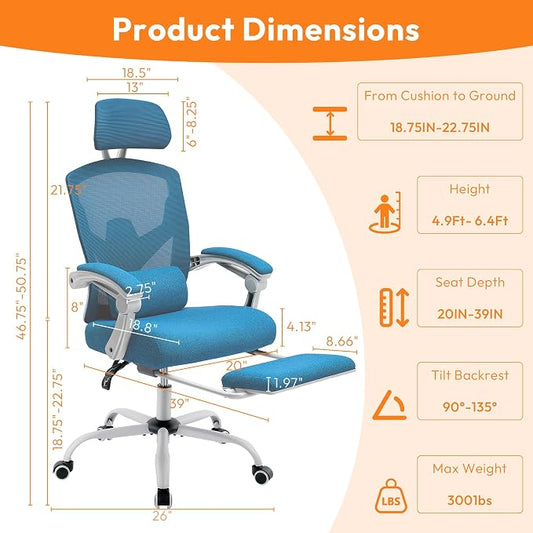 Ergonomic Desk Chair, High Back Office Chair with Wheels and Arms, Computer Chair with Footrest, Swivel Reclining Gaming Chair with Headrest, Comfy Armrest for Home, Office, Work, Study, Elegant Blue