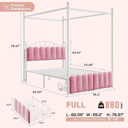 Homkdom Canopy Bed Frame Full with Upholstered Storage Headboard and Charging Station & LED Lights, 2 Oversized Drawers,Heavy-Duty Support, No Box Spring,Quiet Sleep,Easy Assembly, Pink