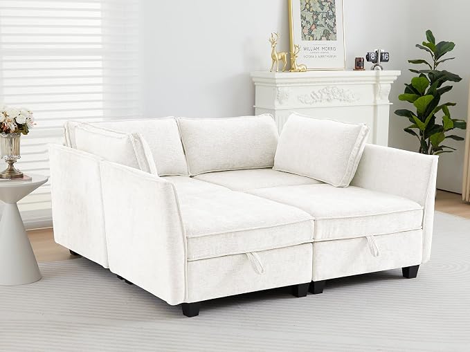 ORRD Sleeper Modular Sectional Sofa Set, Convertible Couch Bed with Storage, 4 Seater and 4 Armrestes Sofa Modular for Living Room, Office (Beige)