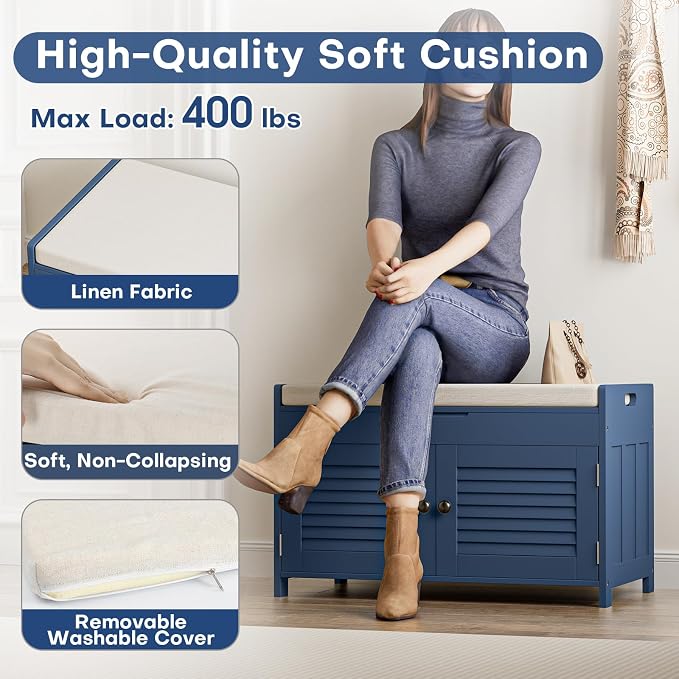WARMHONIU Shoe Storage Bench with Lift Top Storage, Entryway Bench with Cushioned Seat, Adjustable Shelf, 2 Tier Shoe Rack with Doors for Entryway, Bedroom, Hallway, Mudroom, Blue