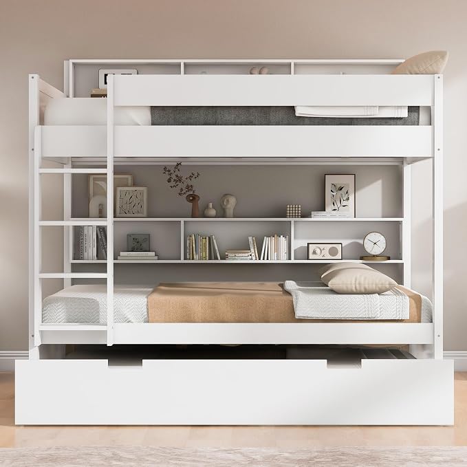 Harper & Bright Designs Rustic Wood Bunk Bed with Pull-Out Trundle, Twin Over Twin Wooden Bunk Bed with Large Cabinet Beside Upper and Down Bed, White