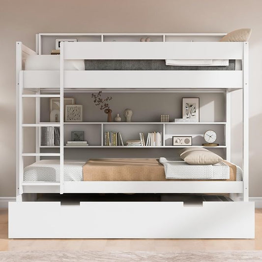 Harper & Bright Designs Rustic Wood Bunk Bed with Pull-Out Trundle, Twin Over Twin Wooden Bunk Bed with Large Cabinet Beside Upper and Down Bed, White
