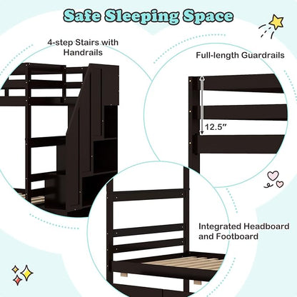 Giantex Bunk Bed Twin Over Twin with Storage Stairs & Drawers, Solid Wood Bunk Bed with Full-Length Guardrails, Convertible to 2 Beds, Versatile Bunk Beds for Kids Teens Adults, Espresso