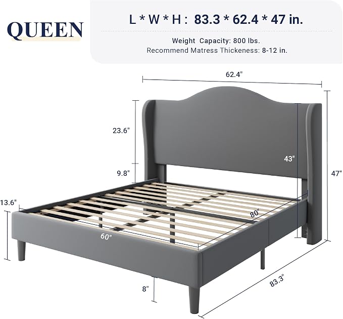 Allewie Queen Size Bed Frame, Upholstered Wingback Platform with 47" Tall Tufted Headboard, Plush Velvet Fabric, Modern Minimalist Design, No Box Spring Required, Tool-Free Assembly, Grey
