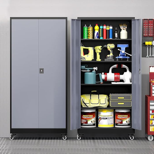 Metal Garage Cabinet with Wheels, Tall Storage Cabinet with 4 Adjustable Shelves and 2 Doors, Lockable Tool Cabinet for Garage Home Office,Gym,School (Black-Gray)