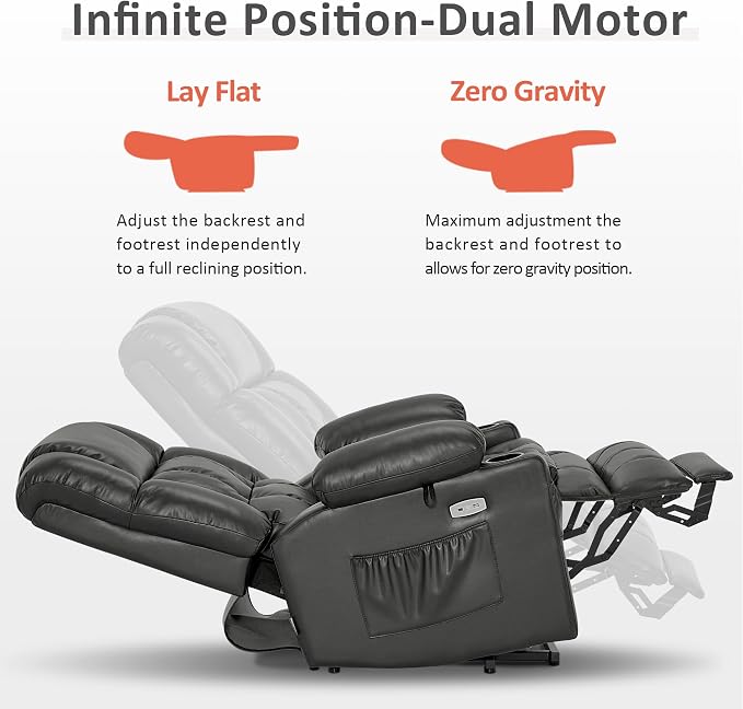 MCombo Dual Motor Power Lift Recliner Chair for Elderly, Lay Flat Lift Chair with Heat and Massage, Cup Holders, USB Ports, Faux Leather 7890 (Grey, Medium)