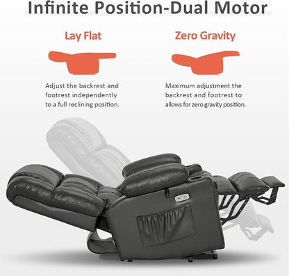 MCombo Dual Motor Power Lift Recliner Chair for Elderly, Lay Flat Lift Chair with Heat and Massage, Cup Holders, USB Ports, Faux Leather 7890 (Grey, Medium)