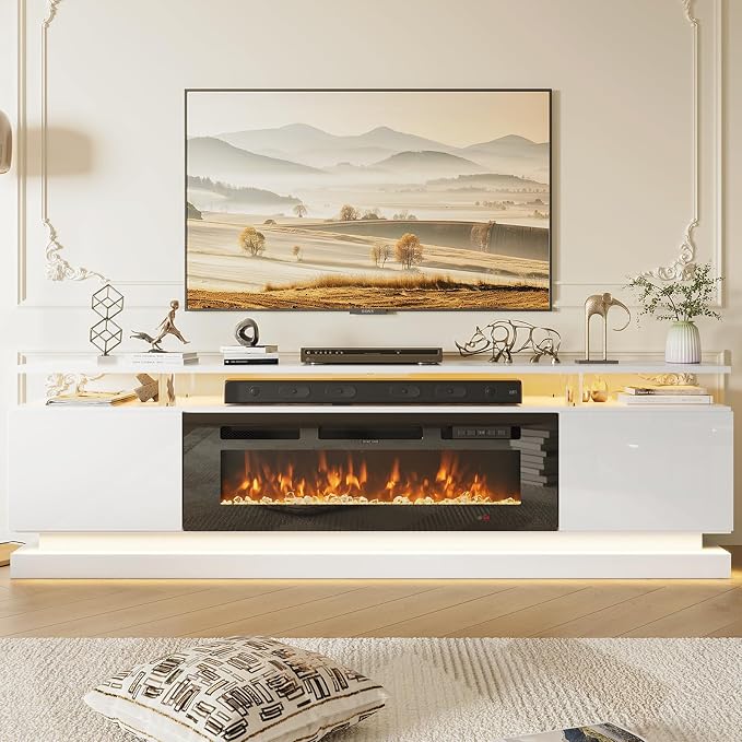 70" Fireplace TV Stand, Modern Entertainment Center for TVs Up to 80”, TV Console with Storage Cabinets, Media Console for Living Room, White TV Stand and Black Fireplace