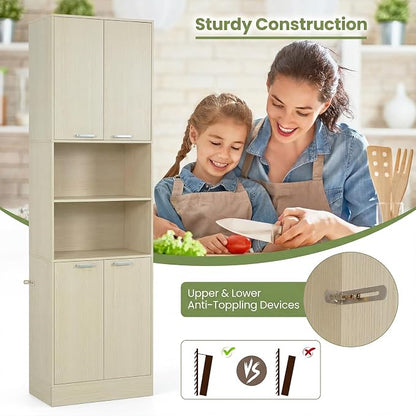 Giantex Kitchen Pantry Cabinet, 75'' Tall Freestanding Cupboard with Doors & Shelves, Safety Hinges & Anti-Tipping Devices, Storage Sideboard for Dining Room, Living Room (Light Oak)