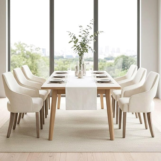 Linen Upholstered Dining Chairs Set of 6 with Arms | Cream Linen Fabric, Breathable Upholstery, Curved Backrest, Cushioned Seat, Solid Wood Legs, Farmhouse Style For Dining Room