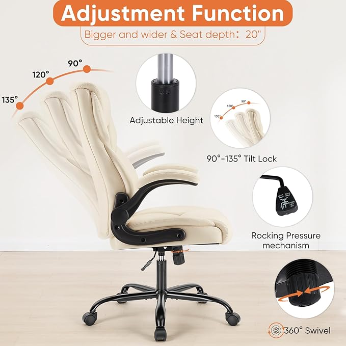 Sweetcrispy Office Executive Chair - Heavy Duty High Back Home Desk Chair with Flip-up Armrest, PU Leather, Height Adjustable & Swivel Rolling with Wheels, Beige