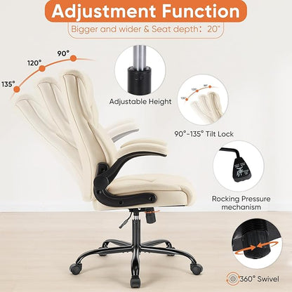 Sweetcrispy Ergonomic Computer Gaming Office Chair Set of 2, Heavy Duty Task Desk Swivel Rolling Chairs with Wheels, Flip-up Arms, Adjustable Height, PU Leather,Cream White