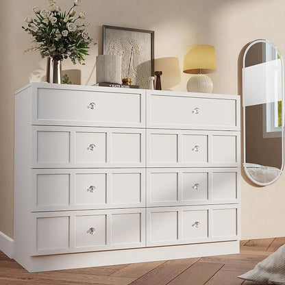 8 Drawer Dresser for Bedroom: 47" White Chest of Drawers with Deep Drawers, Tall Fluted Dresser with Storage, Modern Wood Dressers for Bedroom, Living Room
