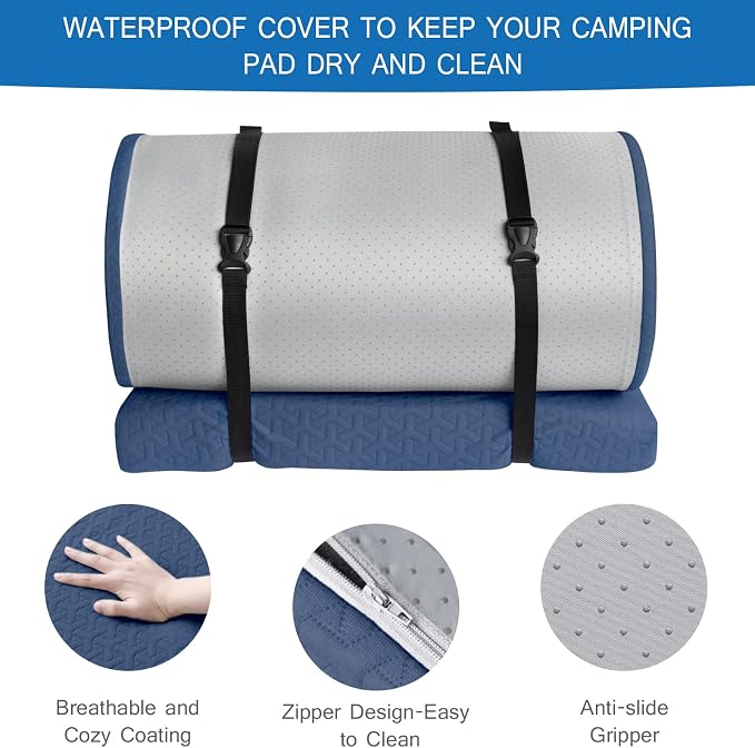 Memory Foam Camping Pad 3 Inch Thick, Soft Sleeping Pad with Waterproof Cover, Roll Up Cot Pad Topper for Travel Truck Bed Tent, Pad Only