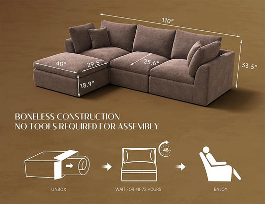 ohllob 110" Cloud Sectional Couches for Living Room, Boneless L-Shape Couch with Ottoman, 3 Seater Modular Sectional Sofa, Brown