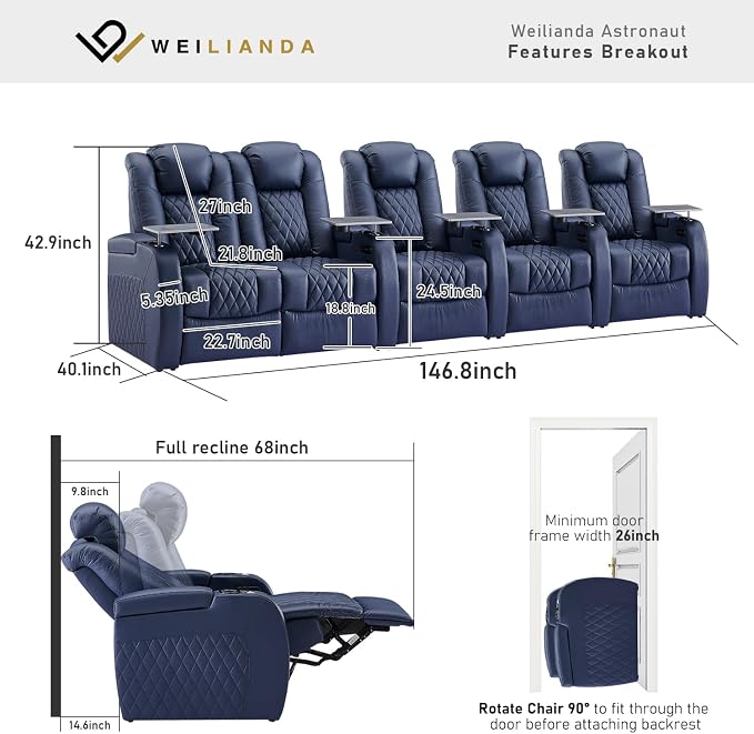 Weilianda Home Theater Seating Top Grain Leather Zero Gravity Recliner Chair Power Headrest Recline Movie Seat Gaming 7 Colors Mood Light Sofa with Tray Table USB Charge Row of 5 Loveseat Left Blue