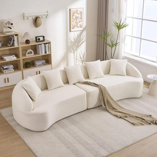 111" Boneless Sofa Couch 4 Seater, Modern Oversized Curved Couch, Luxury Wood Grain Chenille Fabric, Deep Seat Sectional Couches for Living Room (Cream White, 111")