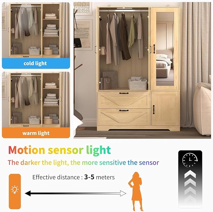 3 Doors Armoire Wardrobe Closet with Mirror Door and LED Lights,Bedroom Armoire with Drawers,Large Capacity Freestanding Armoire with Hanging Rod,Adjustable Shelves and Hooks(Natural)