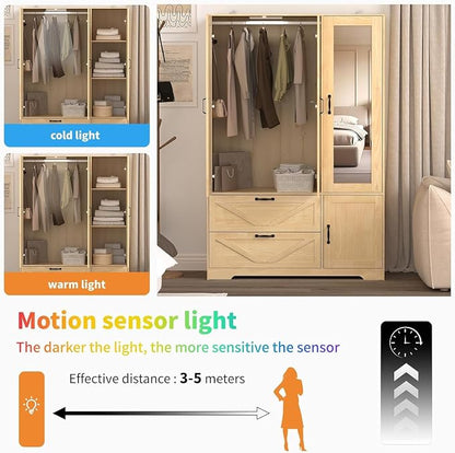 3 Doors Armoire Wardrobe Closet with Mirror Door and LED Lights,Bedroom Armoire with Drawers,Large Capacity Freestanding Armoire with Hanging Rod,Adjustable Shelves and Hooks(Natural)