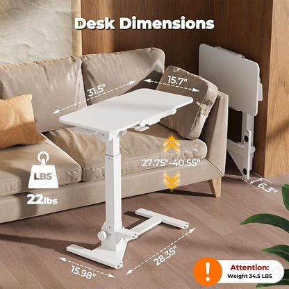 JOY worker Foldable Overbed Bedside Table, 180° Tiltable Mobile Standing Desk with Wheels, 31.5" Pneumatic Height Adjustable Rolling Laptop Desk for Home & Hospital Use, Easy Storage, White