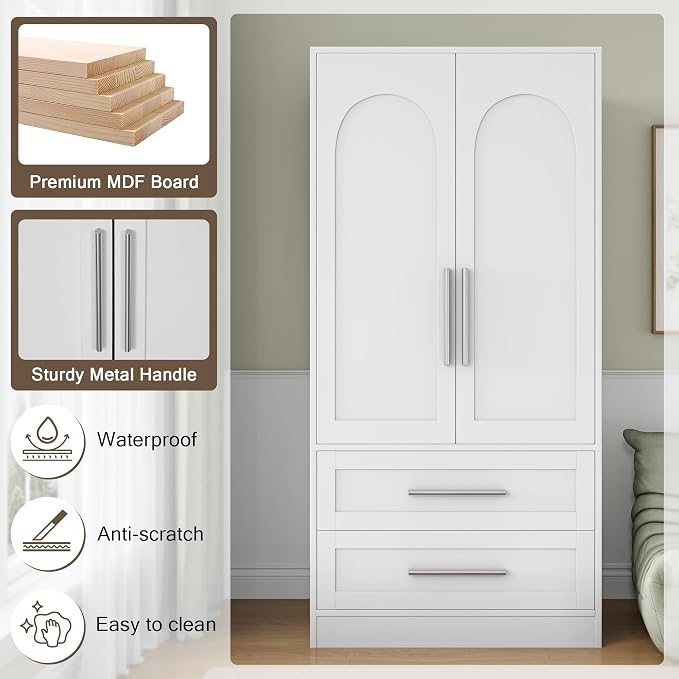Einhomn Wooden Armoire Wardrobe Closet with 2 Doors and 2 Drawers,Bedroom Freestanding Armoire Storage Cabinet with Shelves,Tall Clothing Storage Cabinet for Bedroom,White