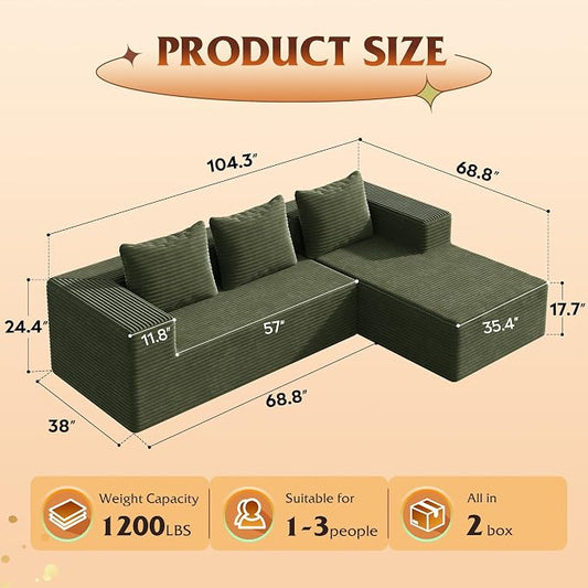 WLIVE 104'' Cloud Sectional Couches for Living Room, Modular Boneless Couch with Left Facing Chaise, L Shape Memory Foam Corduroy, with Cushion, Green