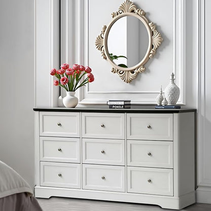 LOUVIXA Farmhouse Bedroom Sets of 4, Including 9 Drawer Dresser, 5 Drawer Dressers and Nightstand Set of 2 with Charging Station (Off White Sets, 3 Pieces-9 Drawer Dresser+2 Nightstand)