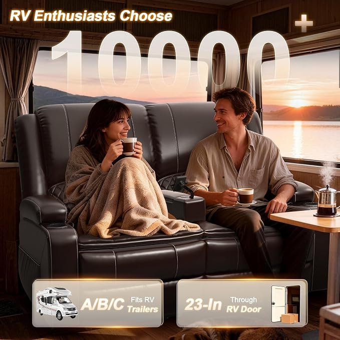 RV Loveseat Recliner Wall Hugger, Manual RV Reclining Loveseat with Removable Armrest, 3X Adjustable Theater Wall Hugger Loveseat Recliners with USB Ports, Cup Holders, Multi-Storage (PU,Brown)