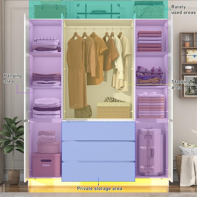 4 Doors Armoire Wooden Wardrobe Closet with 3 Drawers & 2 Mirror, 75"H Clothing Storage Cabinet with Hanging Rod,Modern Bedroom Large Freestanding Armoires with Led Lights for Bedroom, White