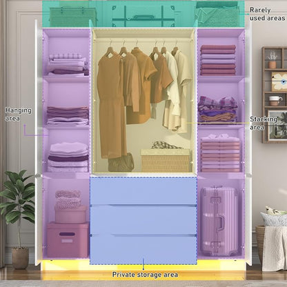 4 Doors Armoire Wooden Wardrobe Closet with 3 Drawers & 2 Mirror, 75"H Clothing Storage Cabinet with Hanging Rod,Modern Bedroom Large Freestanding Armoires with Led Lights for Bedroom, White