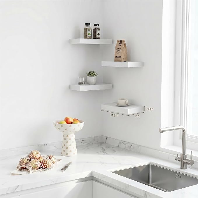Bathroom Floating Shelves,11.8'' Wall Mounted Wood Shelves,Hanging Shelf for Books/Toiletries/Decor(White,Set of 4)
